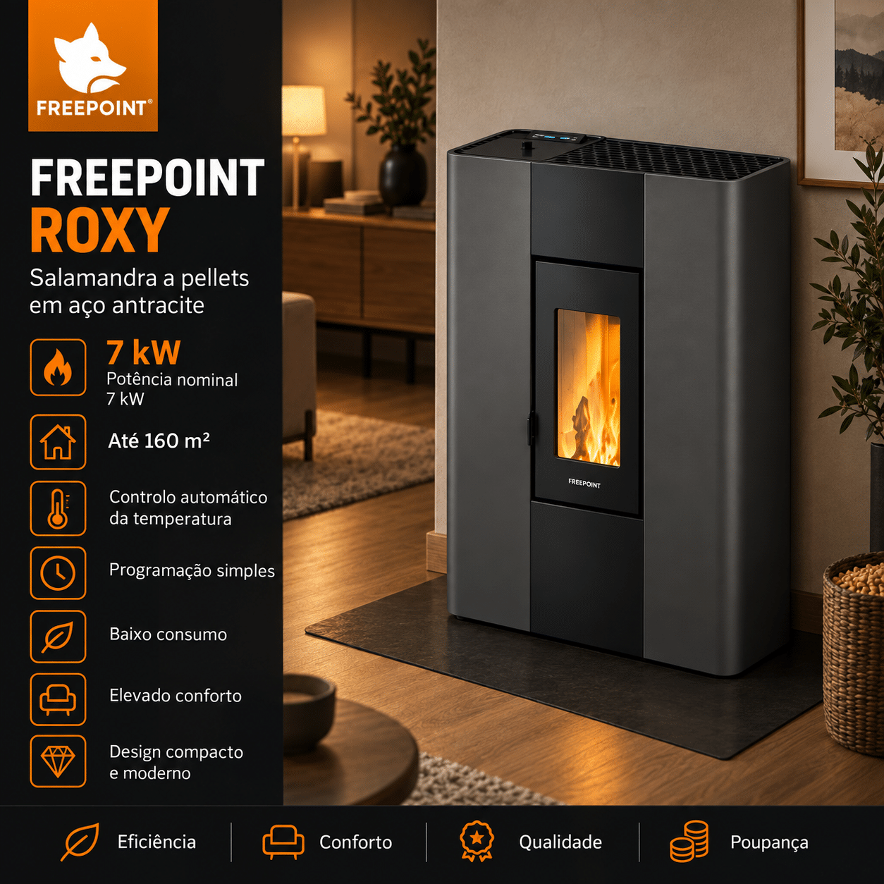 Freepoint Roxy salamandra a pellets em aço antracite 7 kW