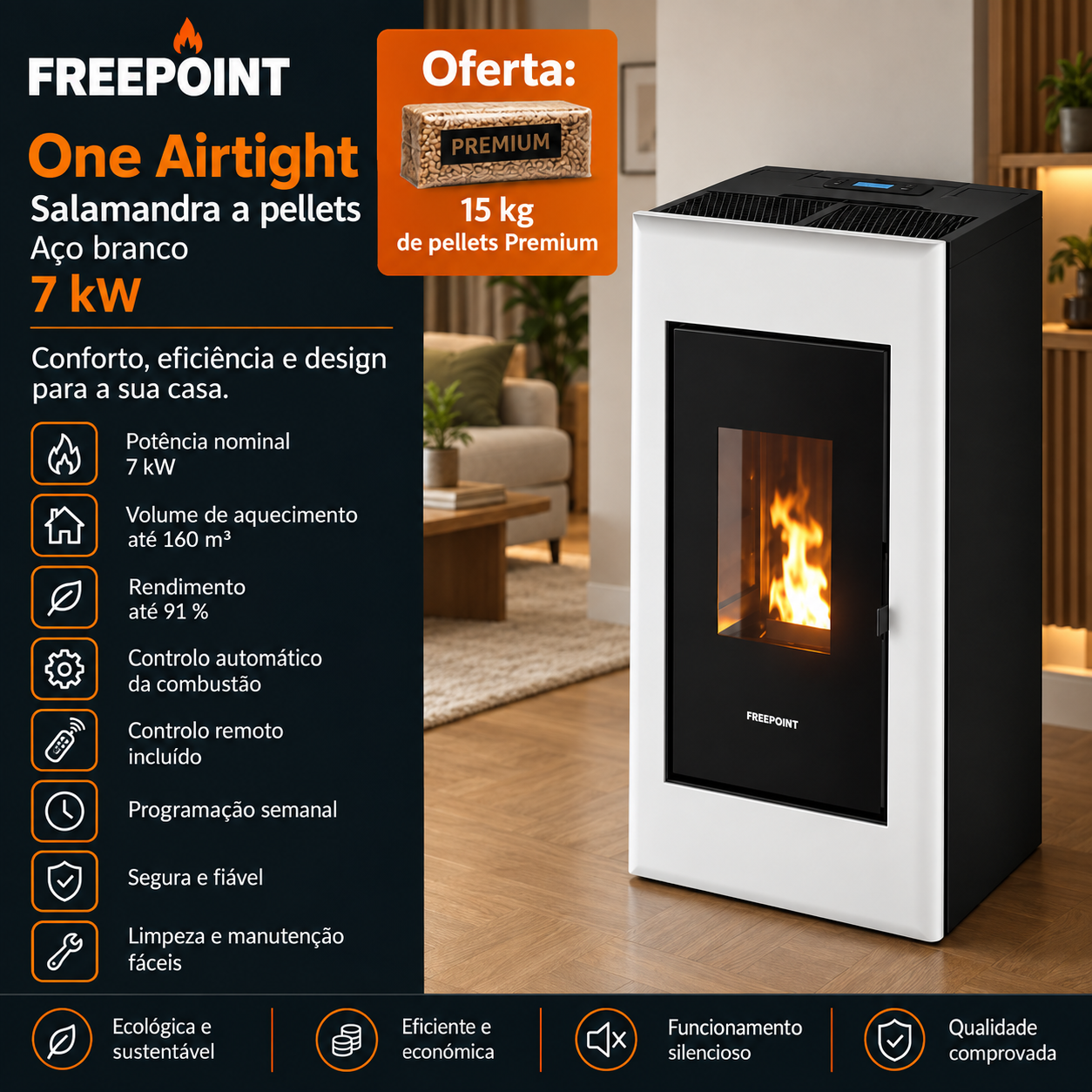 Freepoint One Airtight salamandra a pellets em aço branca 7 kW