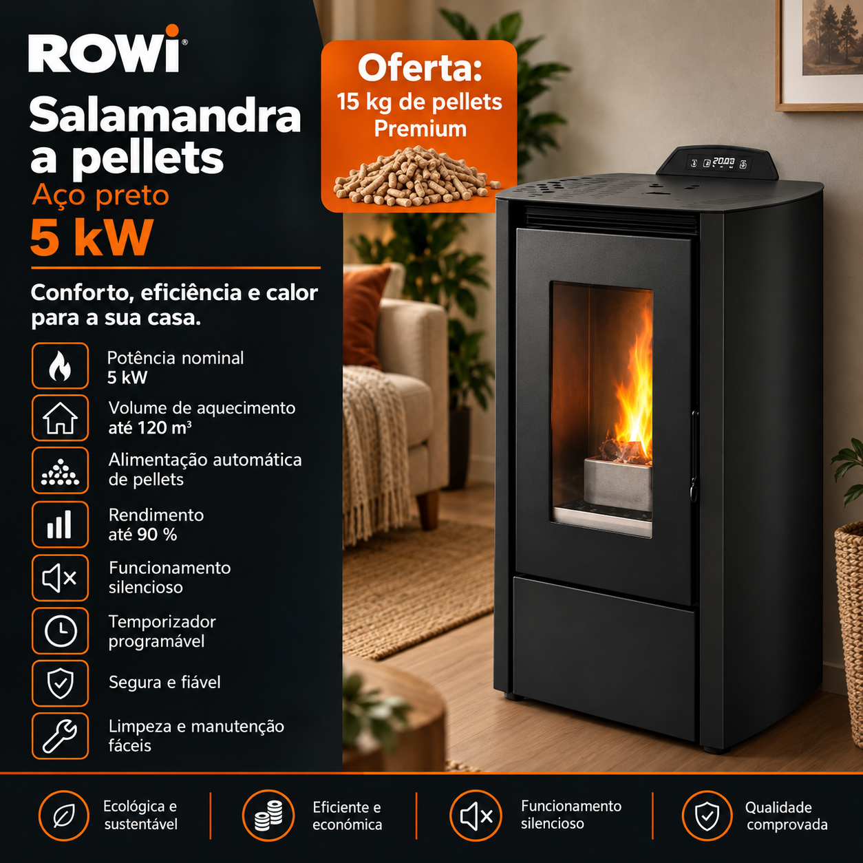 Rowi salamandra a pellets em aço preta 5 kW