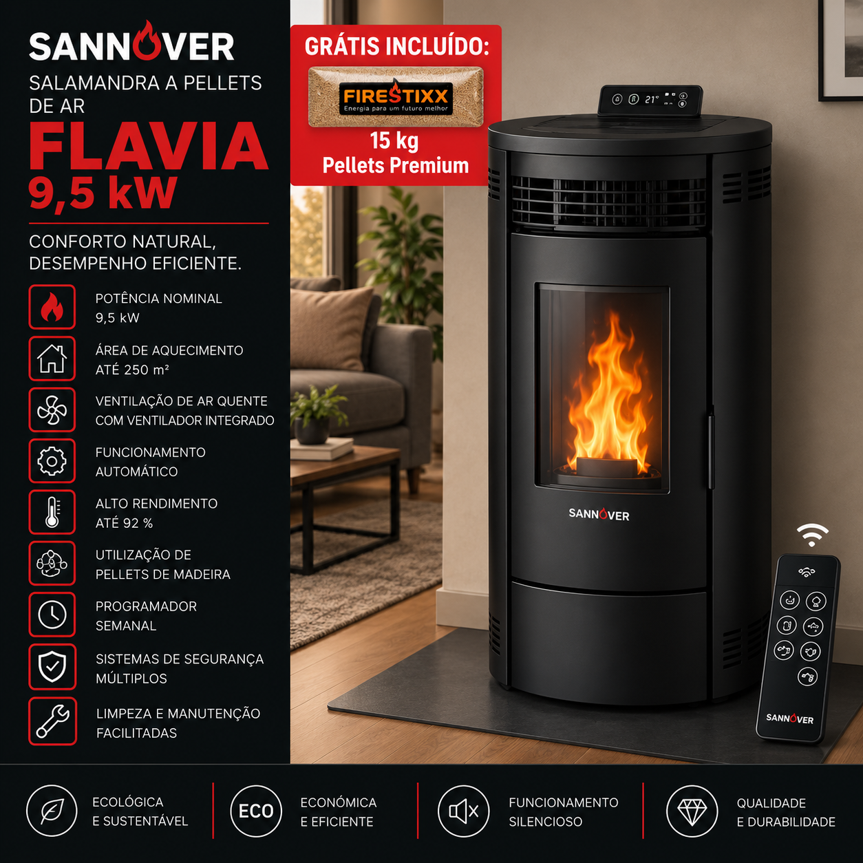 Sannover Salamandra a pellets de ar Flavia 9,5 kW preta