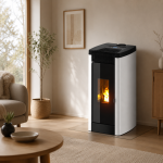 Freepoint Duke salamandra a pellets em aço prateada 14 kW com controlo automático