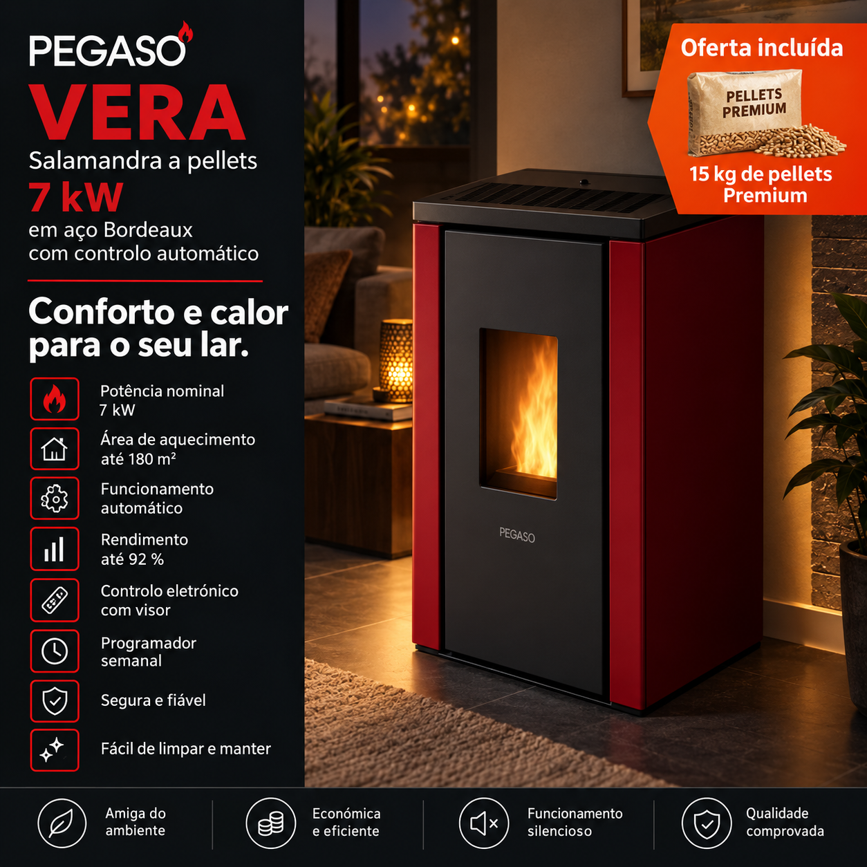 PEGASO Vera salamandra a pellets em aço Bordeaux 7 kW com controlo automático
