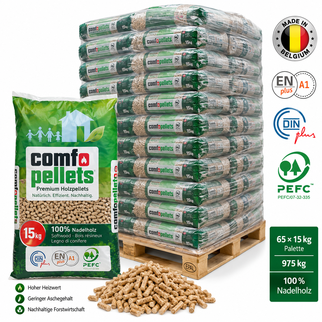Comfo pellets de madeira – 65 sacos de 15 kg – palete 975 kg – 100 % madeira de coníferas – ENplus A1, DINplus & PEFC