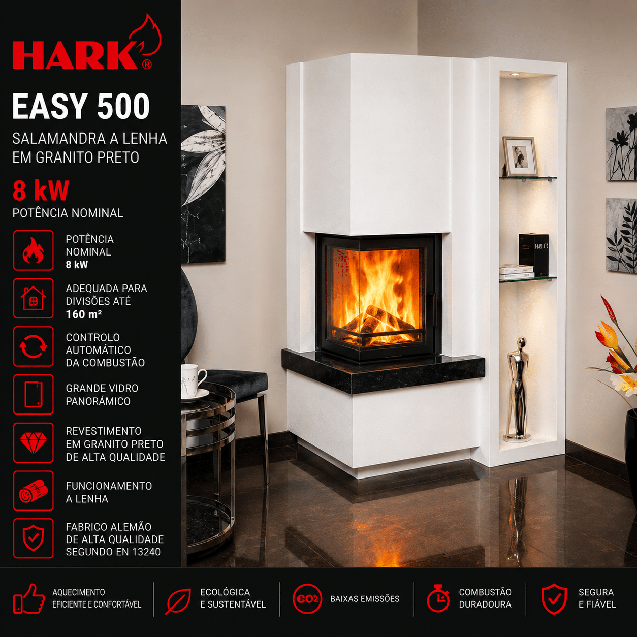 Hark Easy 500 salamandra a lenha em granito preto 8 kW com controlo automático
