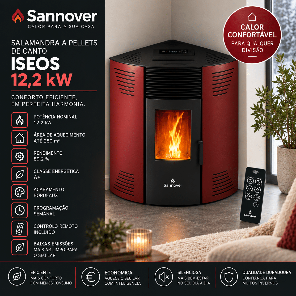 Sannover Iseos salamandra a pellets de canto 12,2 kW Bordeaux