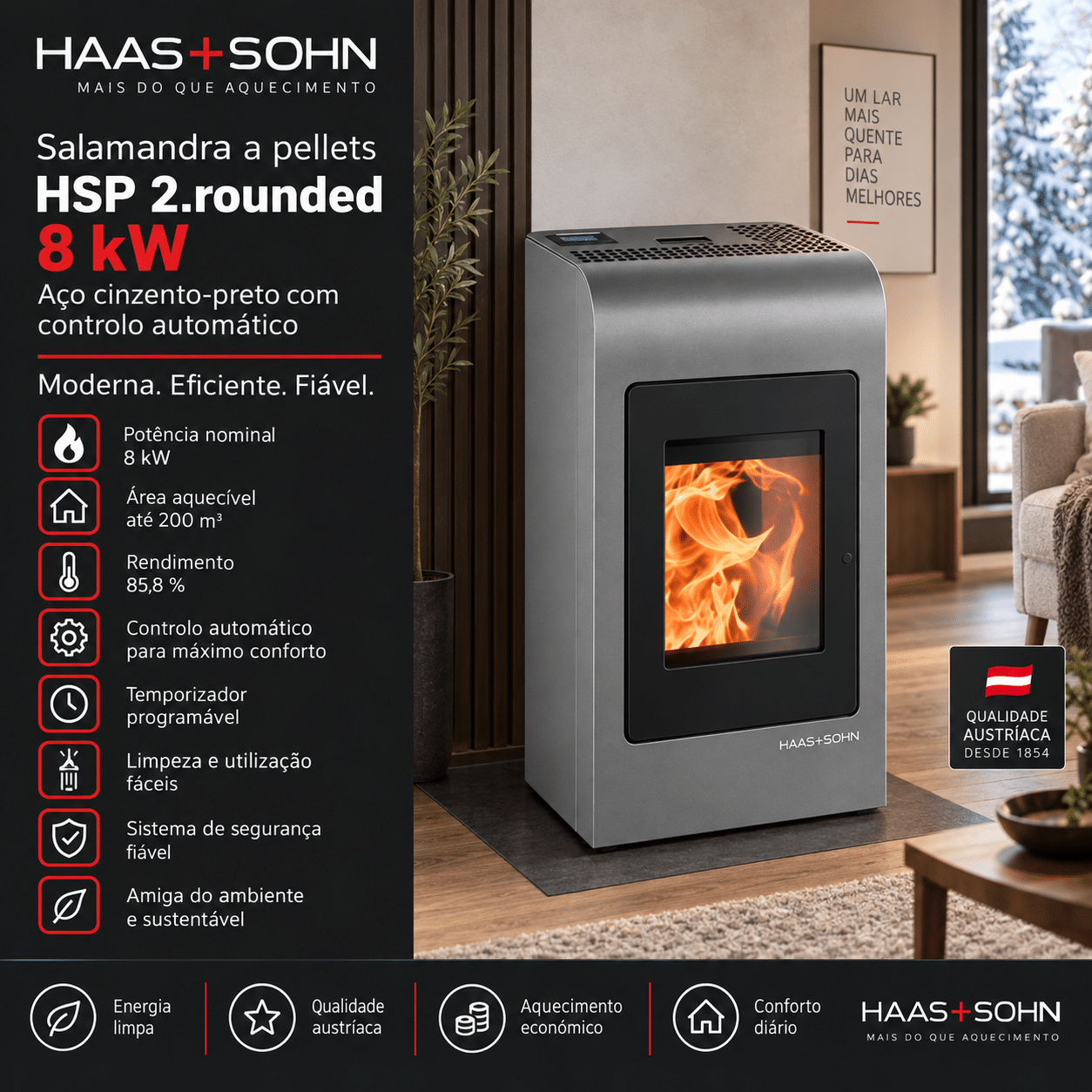 Haas+Sohn HSP 2.rounded salamandra a pellets em aço cinzento-preto 8 kW com controlo automático