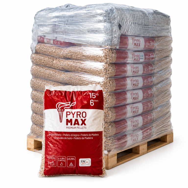 PYRO MAX pellets de madeira – 78 sacos de 15 kg – palete 1.170 kg – 100 % madeira de coníferas – ENplus A1