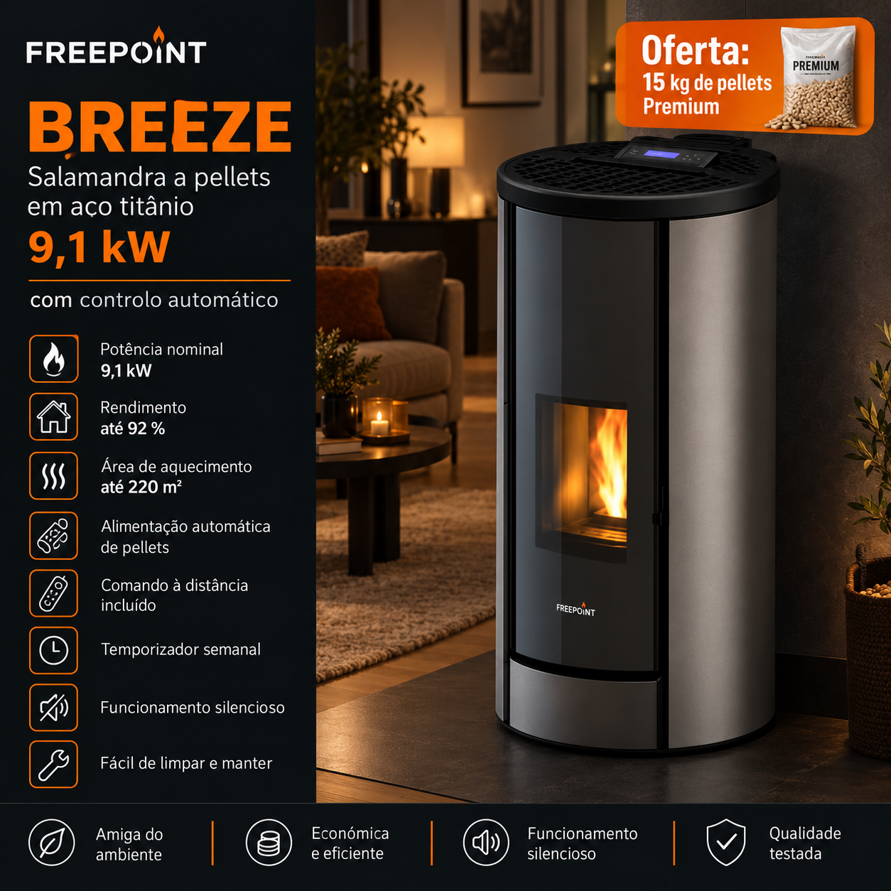 Freepoint Breeze salamandra a pellets em aço titânio 9,1 kW com controlo automático