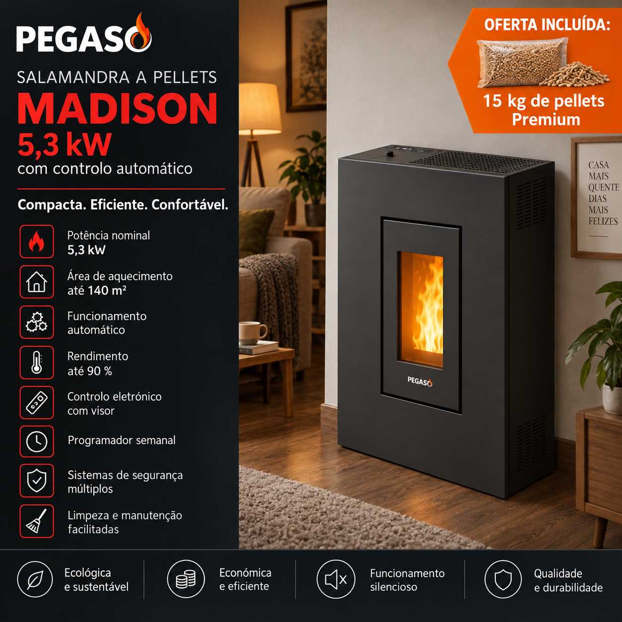 PEGASO Madison salamandra a pellets em aço antracite 5,3 kW com controlo automático