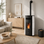 Justus Norta salamandra a pellets em aço branco-seda 8 kW com controlo automático
