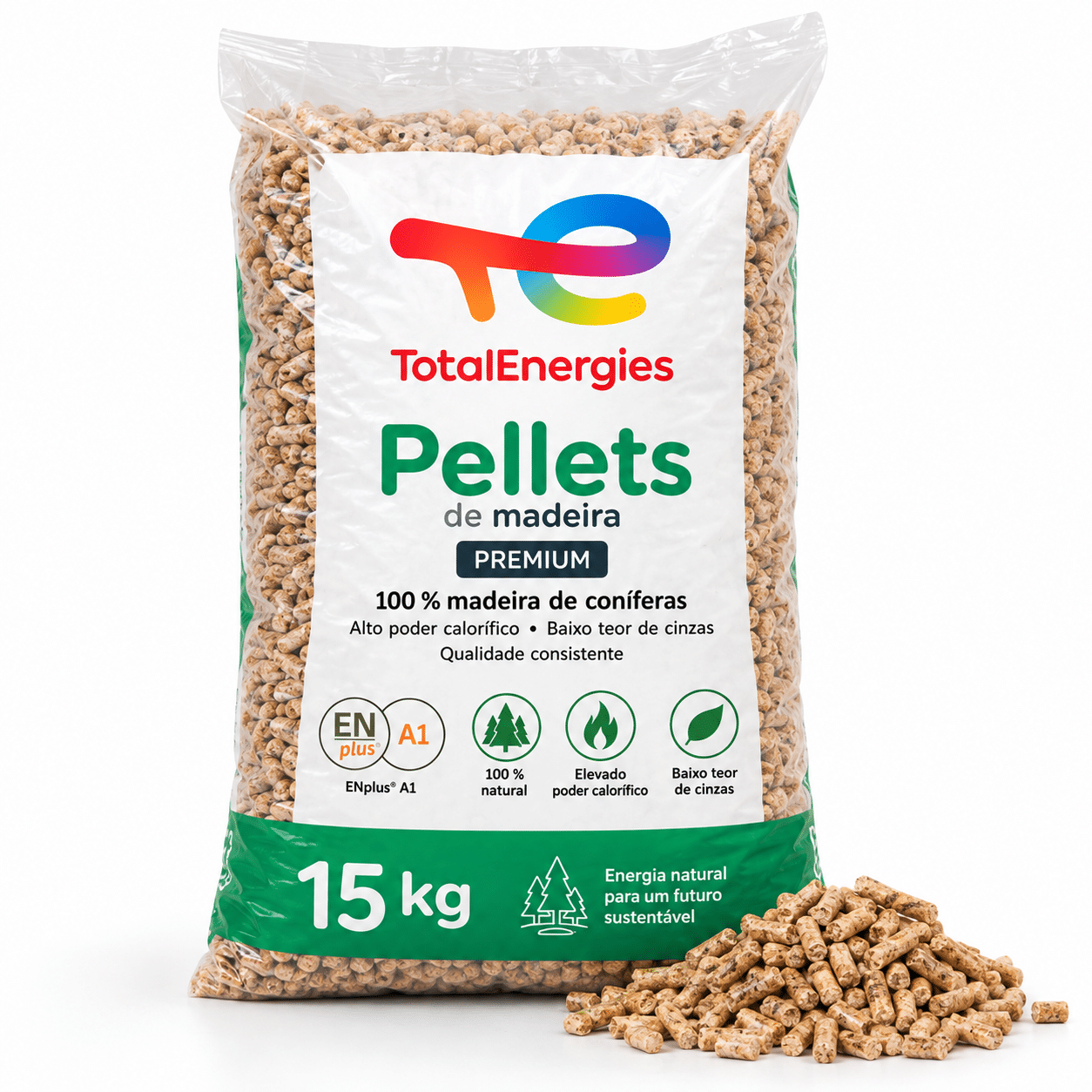 TotalEnergies pellets de madeira – saco de 15 kg – 100 % madeira de coníferas – ENplus A1