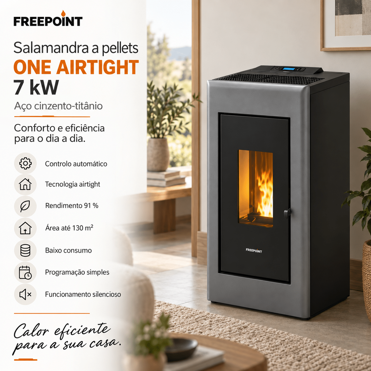Freepoint One Airtight salamandra a pellets em aço cinzento-titânio 7 kW