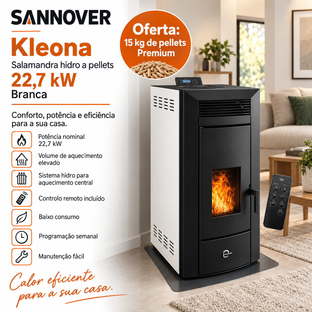 Sannover Kleona salamandra hidro a pellets 22,7 kW branca