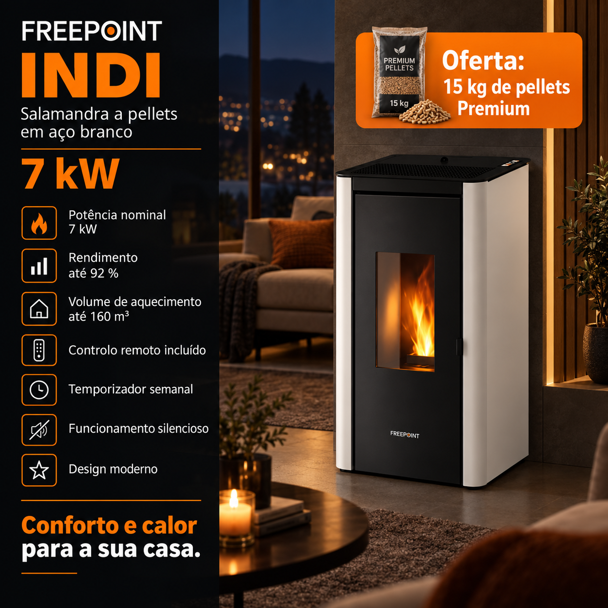 Freepoint Indi salamandra a pellets em aço branca 7 kW com controlo automático