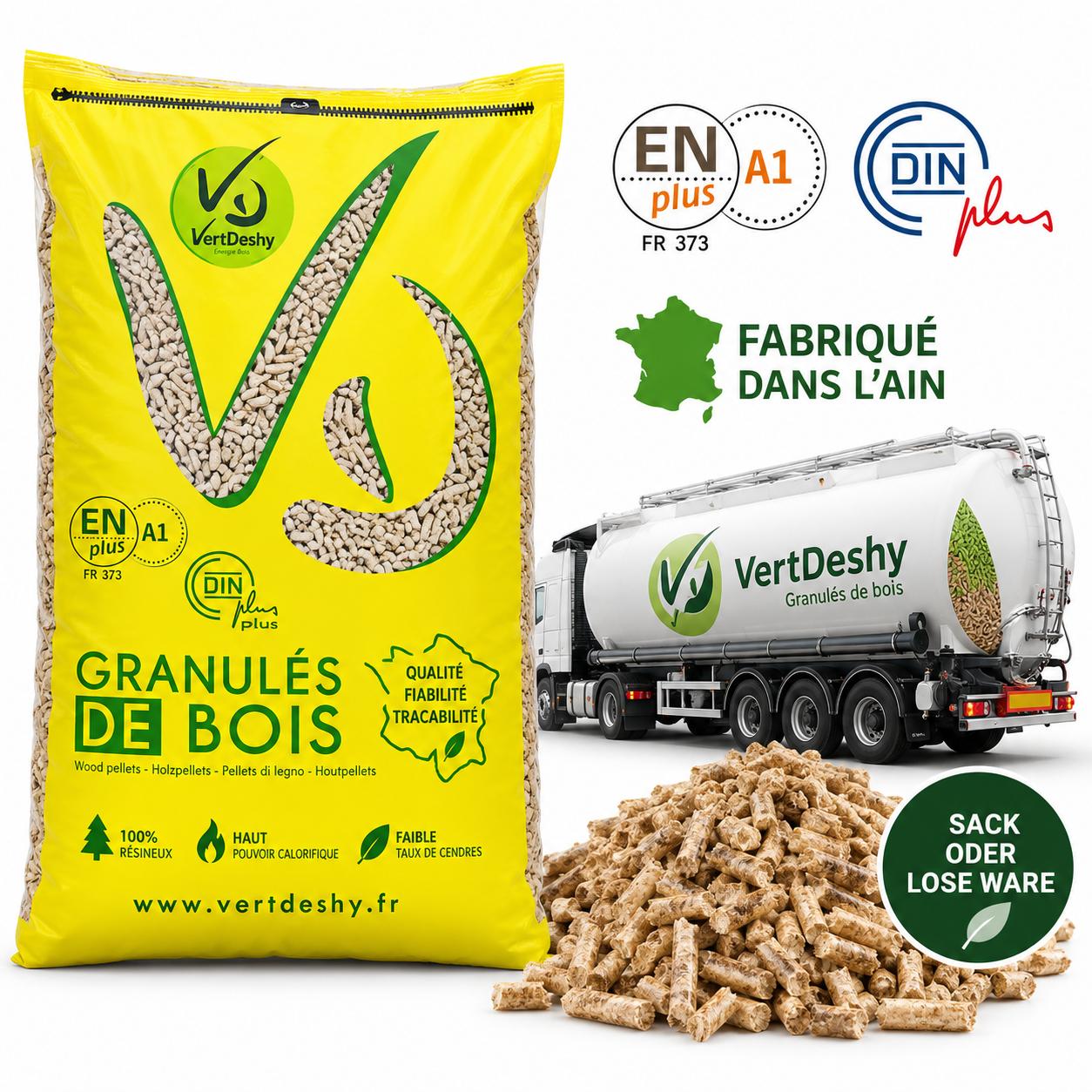 VERTDESHY pellets de madeira – saco ou a granel – 100 % madeira de coníferas – ENplus A1 & DINplus