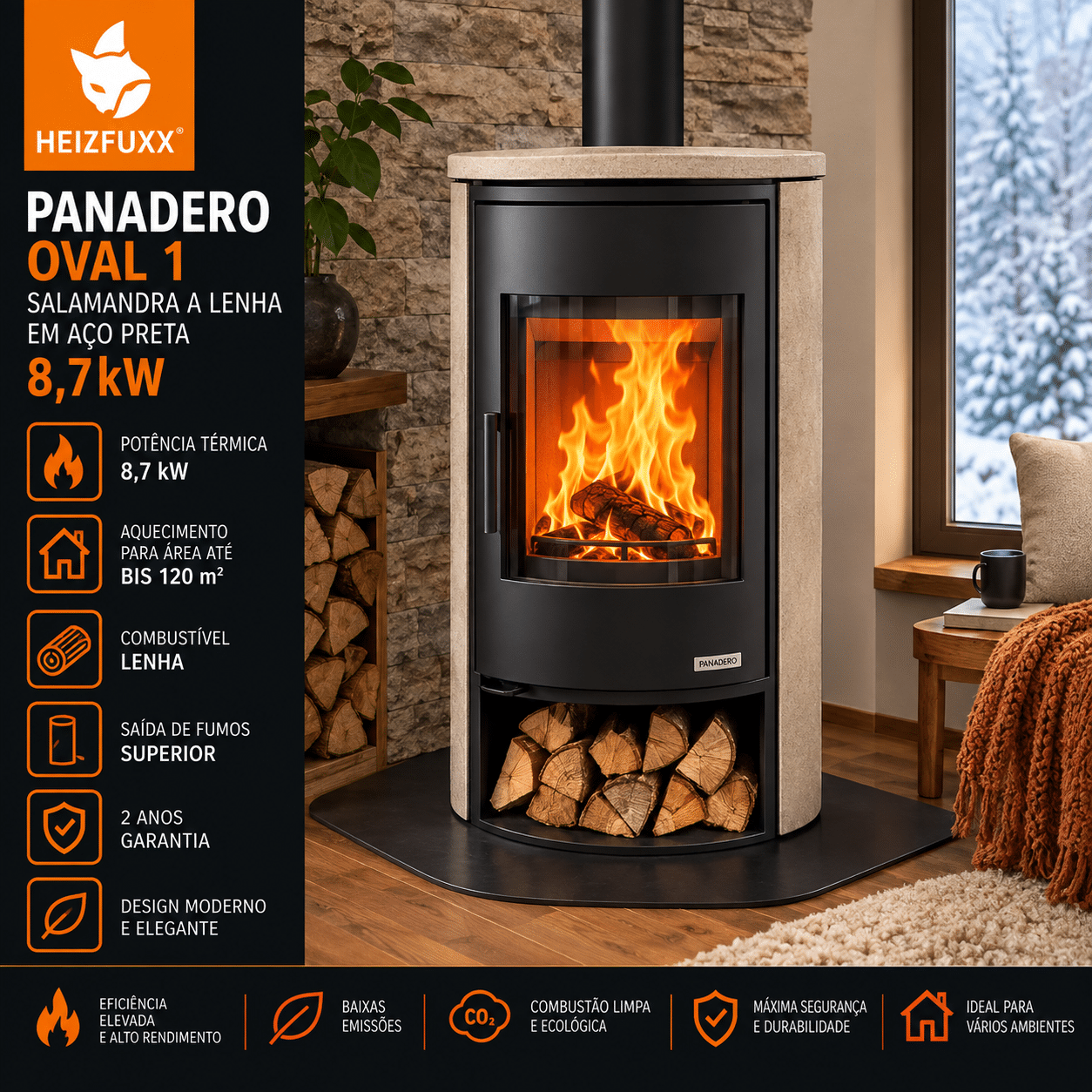 Panadero Oval 1 salamandra a lenha em aço preta 8,7 kW