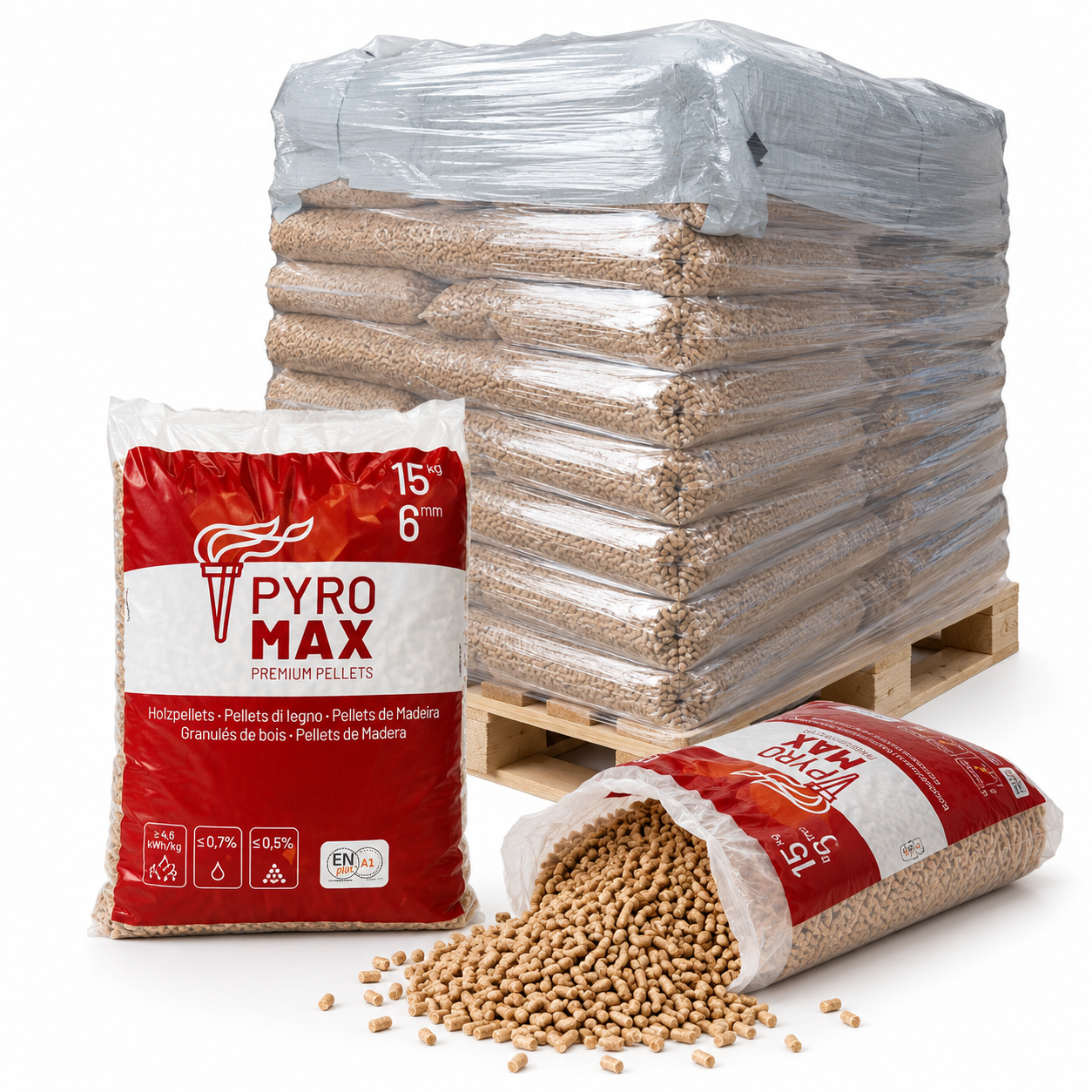 PYRO MAX pellets de madeira – 78 sacos de 15 kg – palete 1.170 kg – 100 % madeira de coníferas – ENplus A1