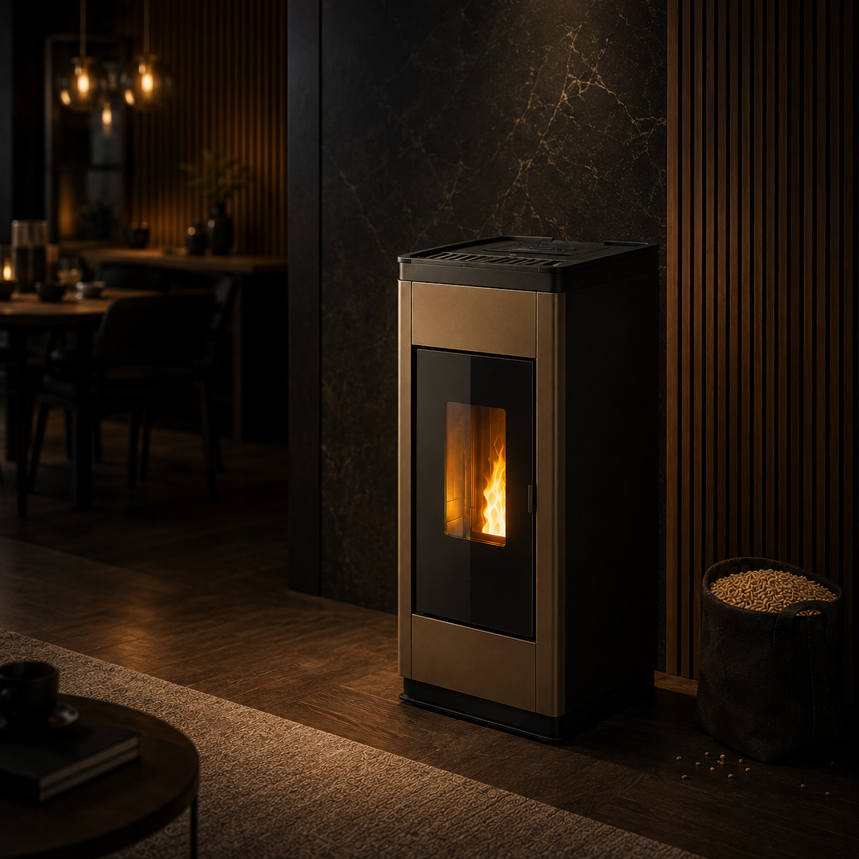 Freepoint Arco salamandra a pellets em aço bronze 7 kW com controlo automático