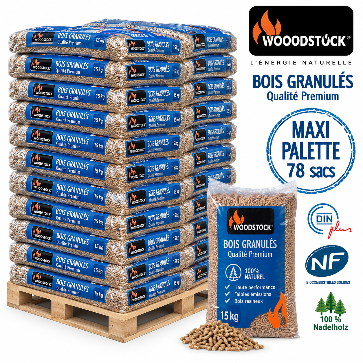 WOODSTOCK pellets de madeira – palete de 78 sacos – 100 % madeira de coníferas – DINplus & NF