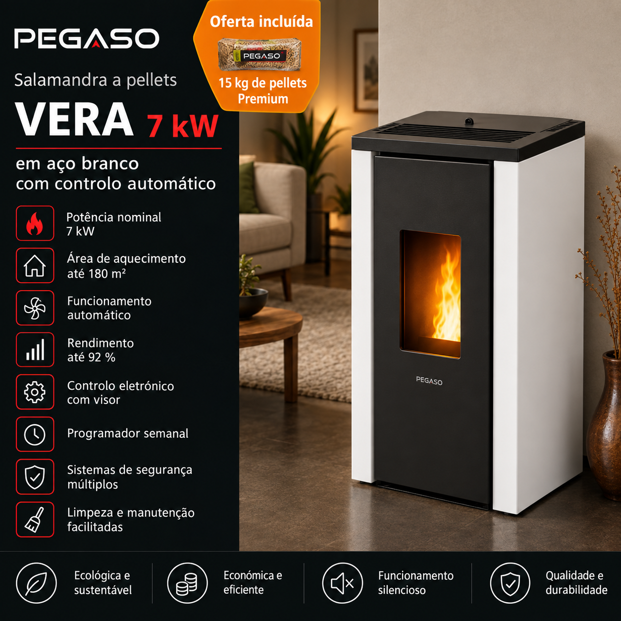 PEGASO Salamandra a pellets Vera em aço branco 7 kW com controlo automático