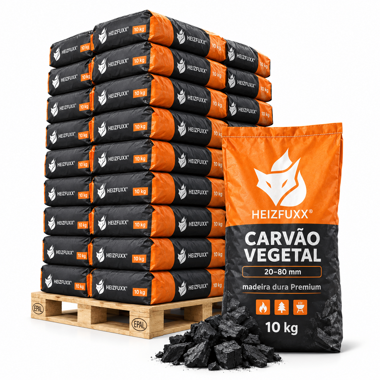 Carvão vegetal 20–80 mm – 36 × 10 kg – madeira dura Premium