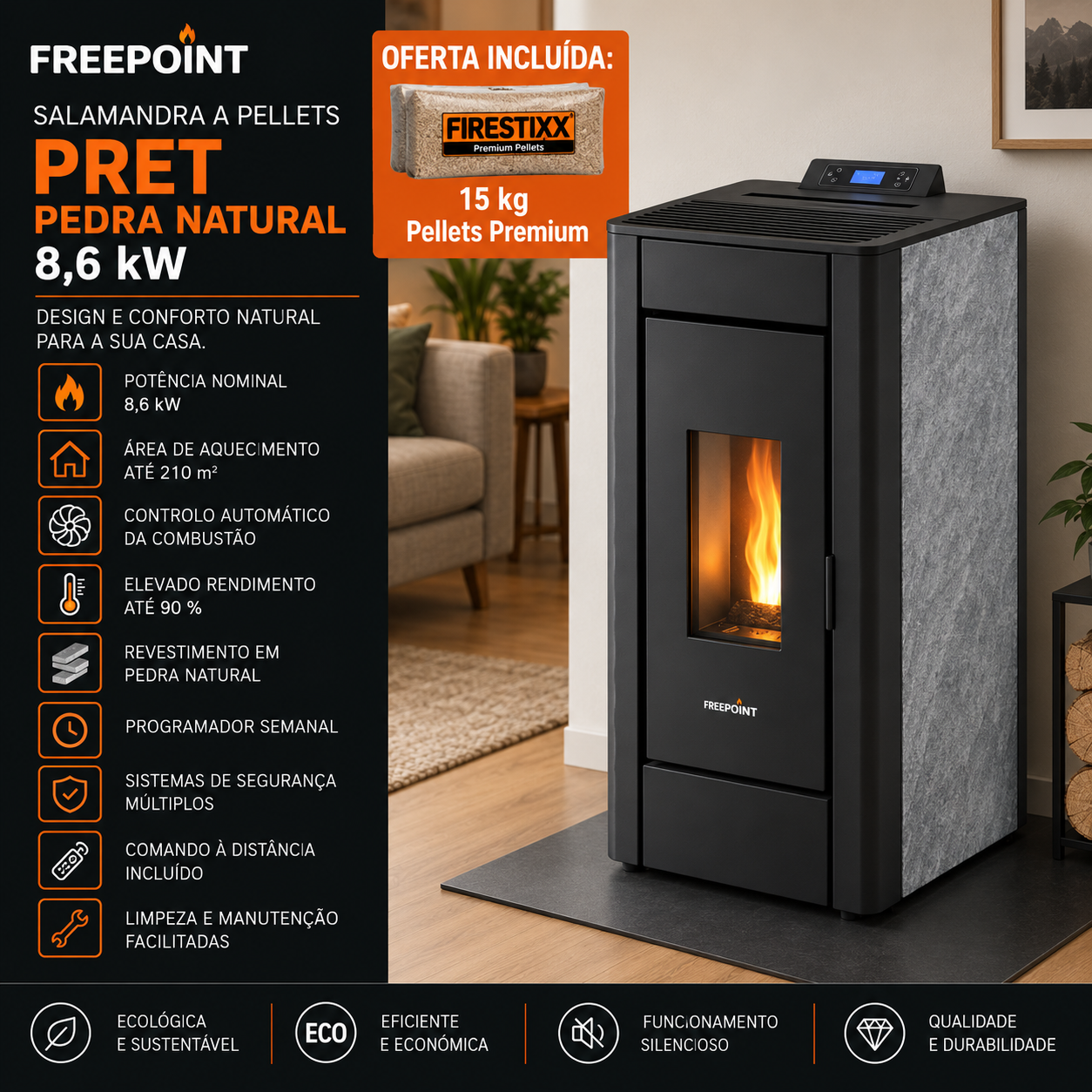 Freepoint Pret salamandra a pellets em pedra natural 8,6 kW com controlo automático