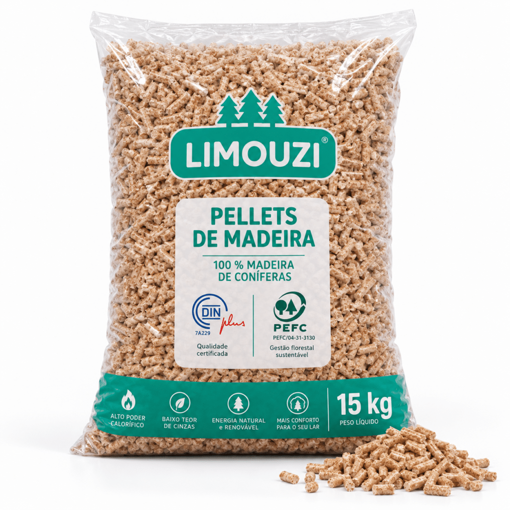 Limouzi pellets de madeira – 66 sacos de 15 kg – palete 990 kg – 100 % madeira de coníferas – DINplus & PEFC