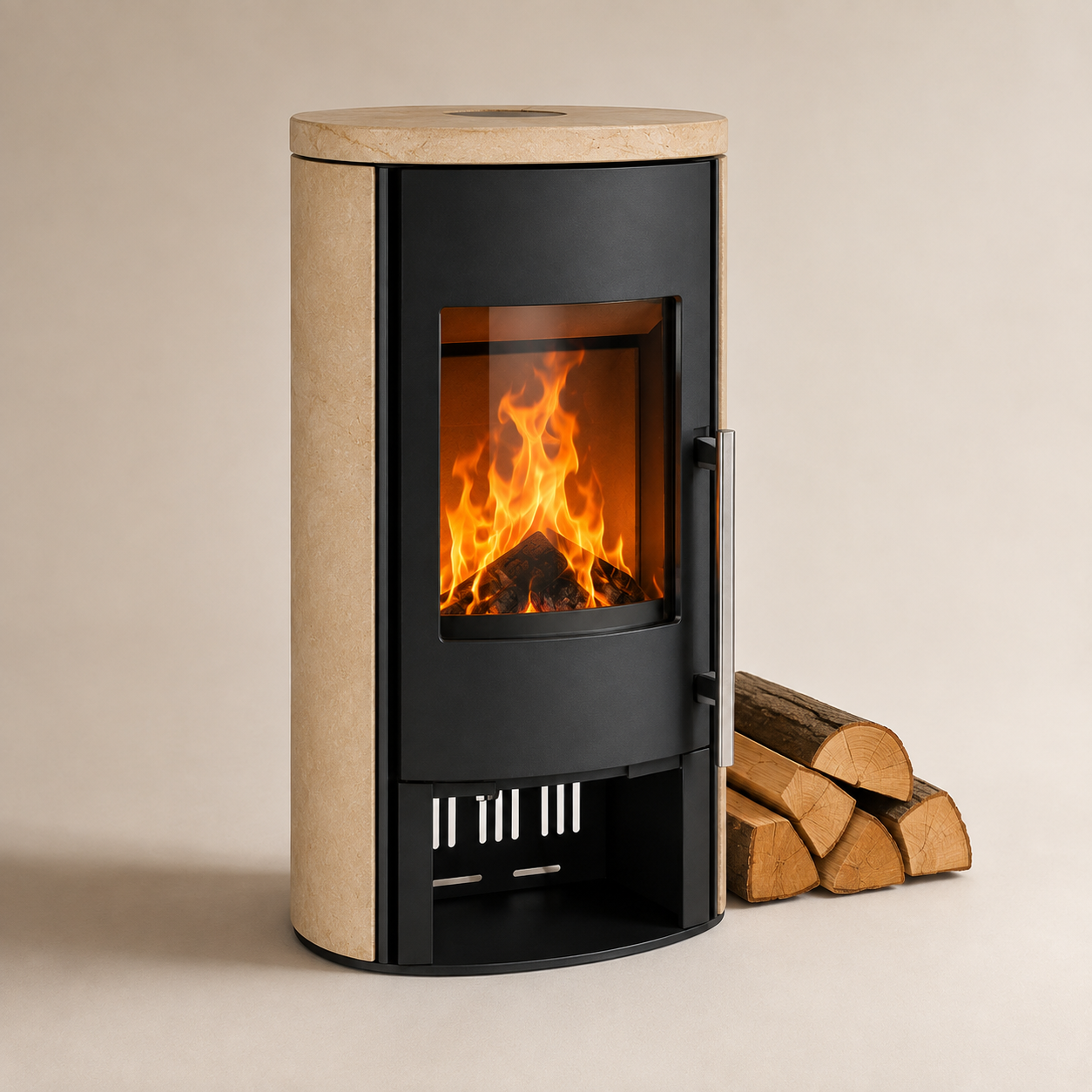 Accente salamandra a lenha com revestimento em arenito 7 kW