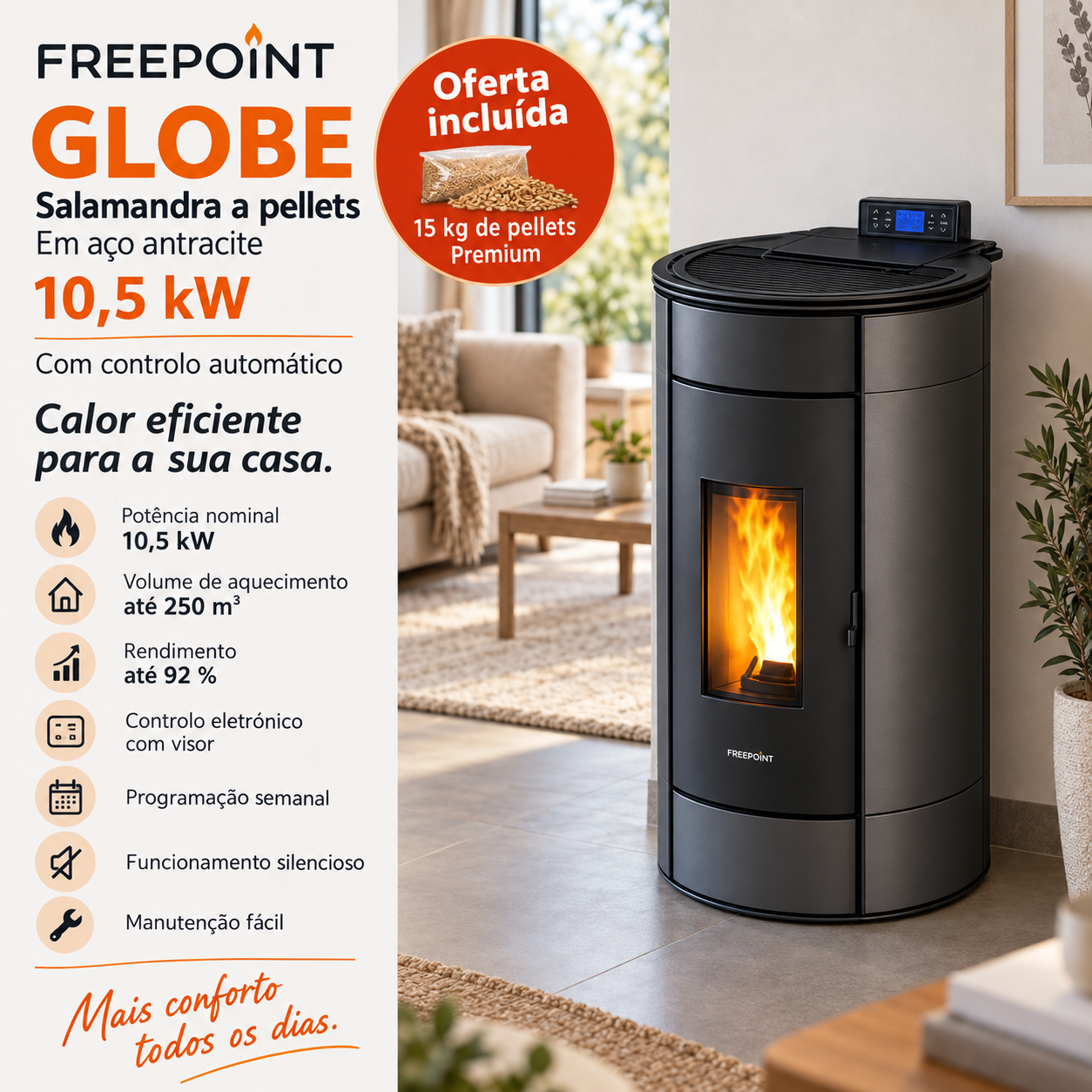 Freepoint Globe salamandra a pellets em aço antracite 10,5 kW com controlo automático