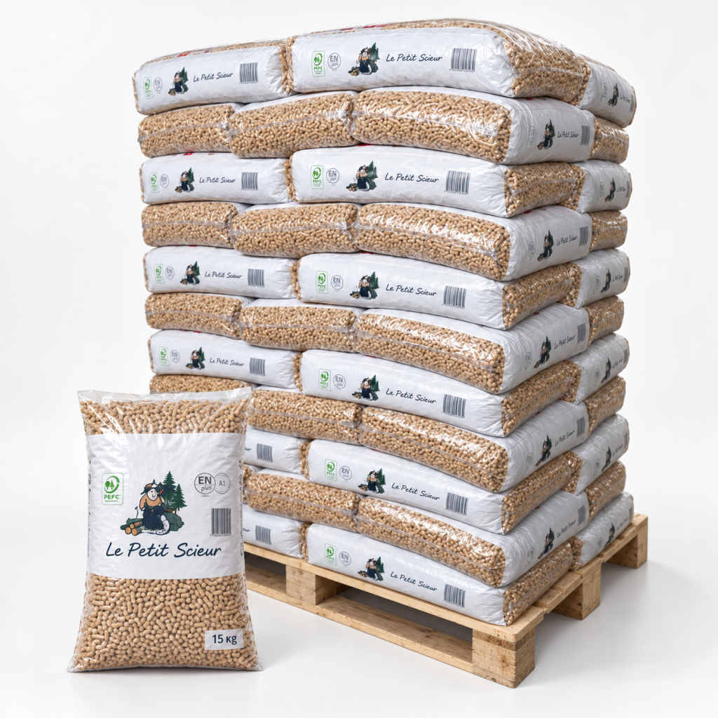 Le Petit Scieur pellets de madeira – 65 sacos de 15 kg – palete 975 kg – 100 % madeira de coníferas – DINplus & PEFC