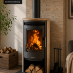 Justus Usedom 5 salamandra a lenha preta 5 kW com revestimento em arenito