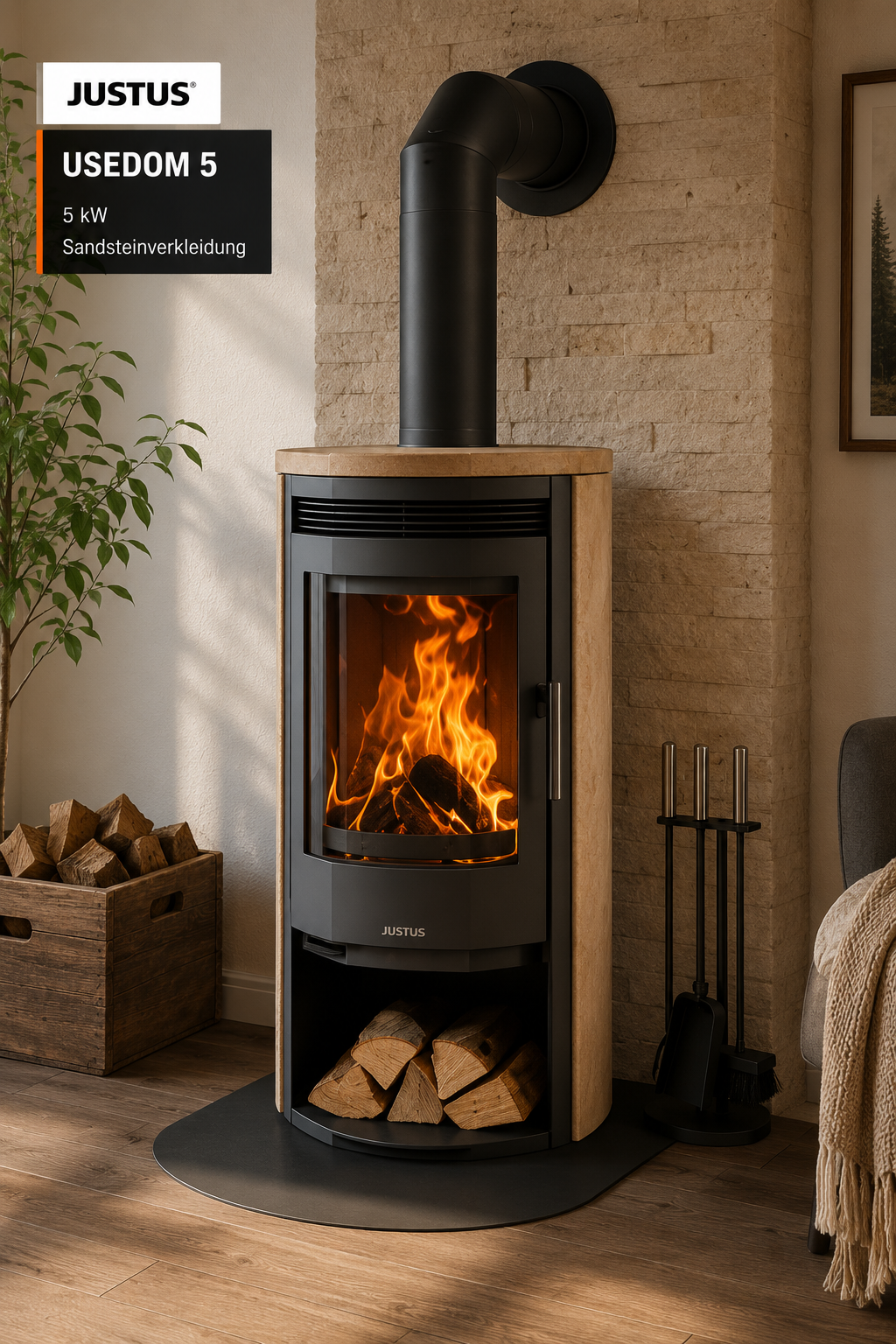 Justus Usedom 5 salamandra a lenha preta 5 kW com revestimento em arenito