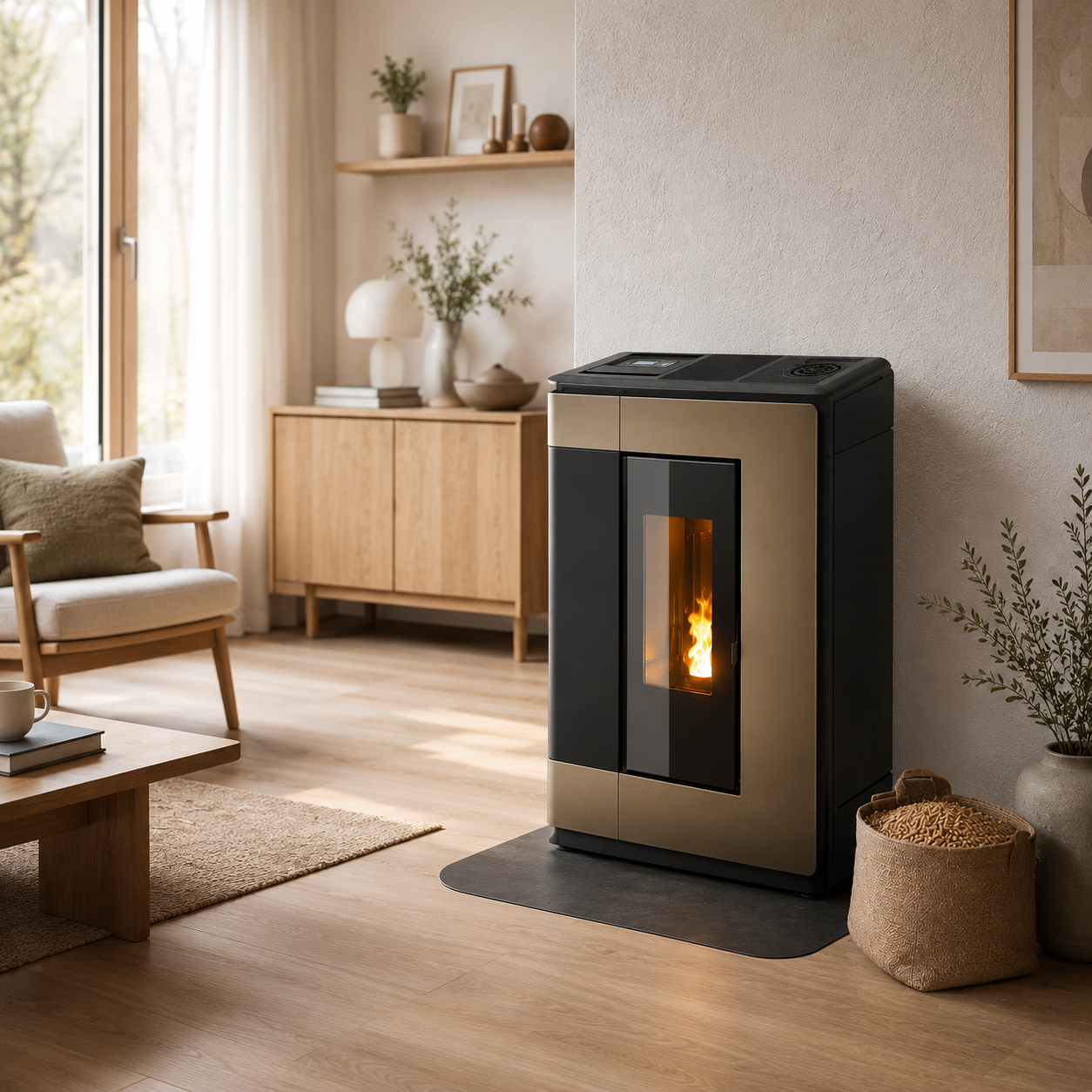 Freepoint Arco salamandra a pellets em aço bronze 7 kW com controlo automático