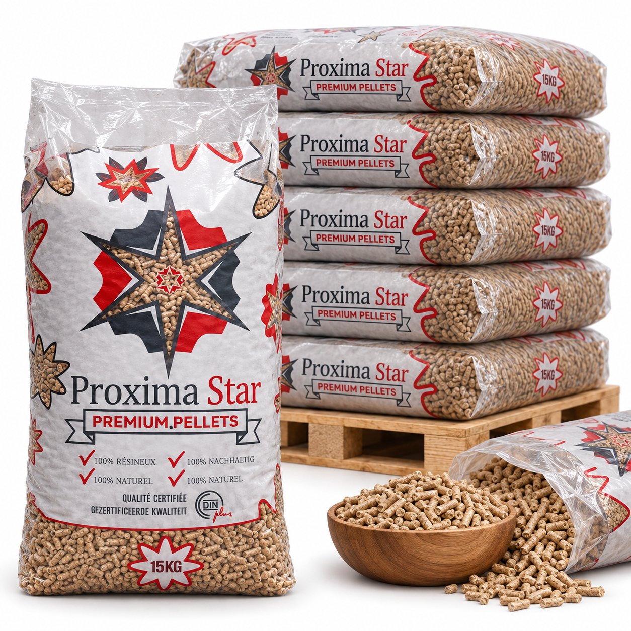 Proxima Star pellets de madeira – 66 sacos de 15 kg – palete 990 kg – 100 % madeira de coníferas