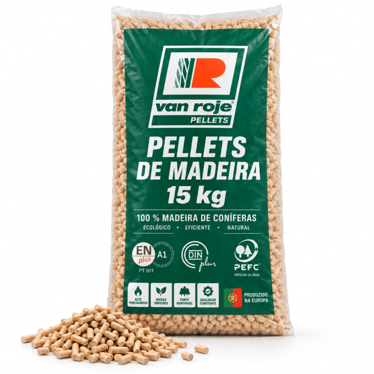 Van Roje pellets de madeira – 65 sacos de 15 kg – palete 975 kg – 100 % madeira de coníferas – ENplus A1, DINplus & PEFC
