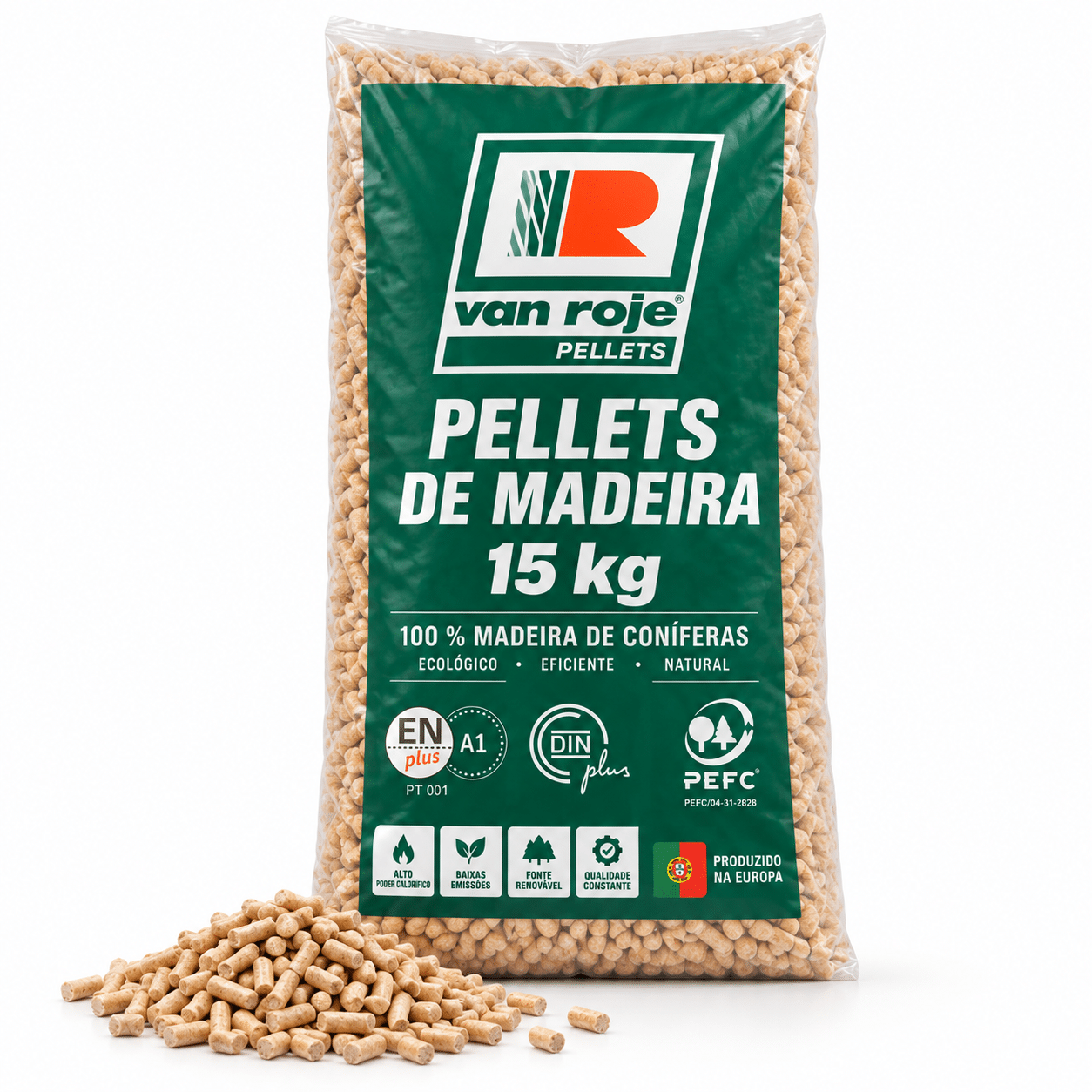 Van Roje pellets de madeira – 65 sacos de 15 kg – palete 975 kg – 100 % madeira de coníferas – ENplus A1, DINplus & PEFC