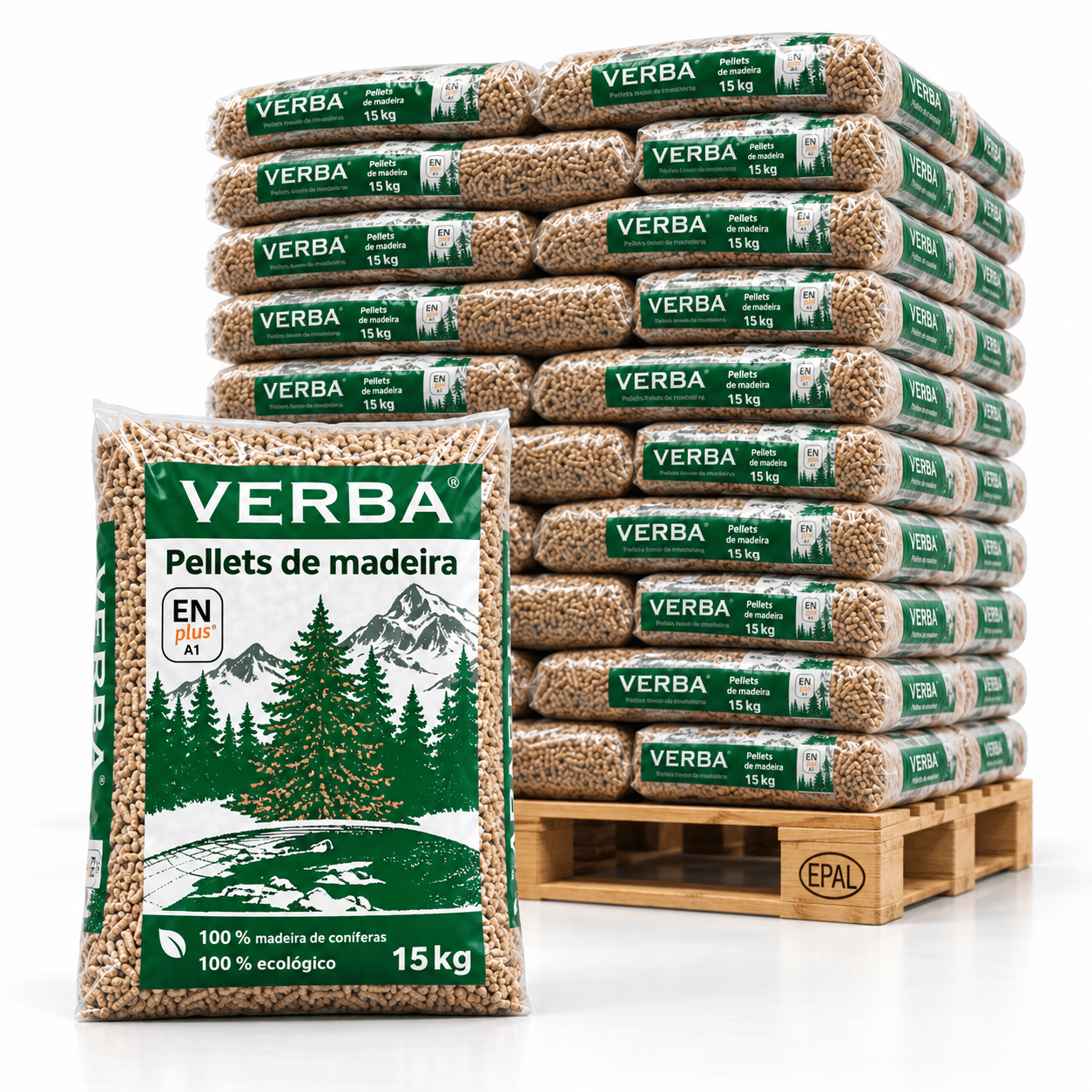 Verba pellets de madeira – 70 sacos de 15 kg – palete 1.050 kg – 100 % madeira de coníferas – ENplus A1