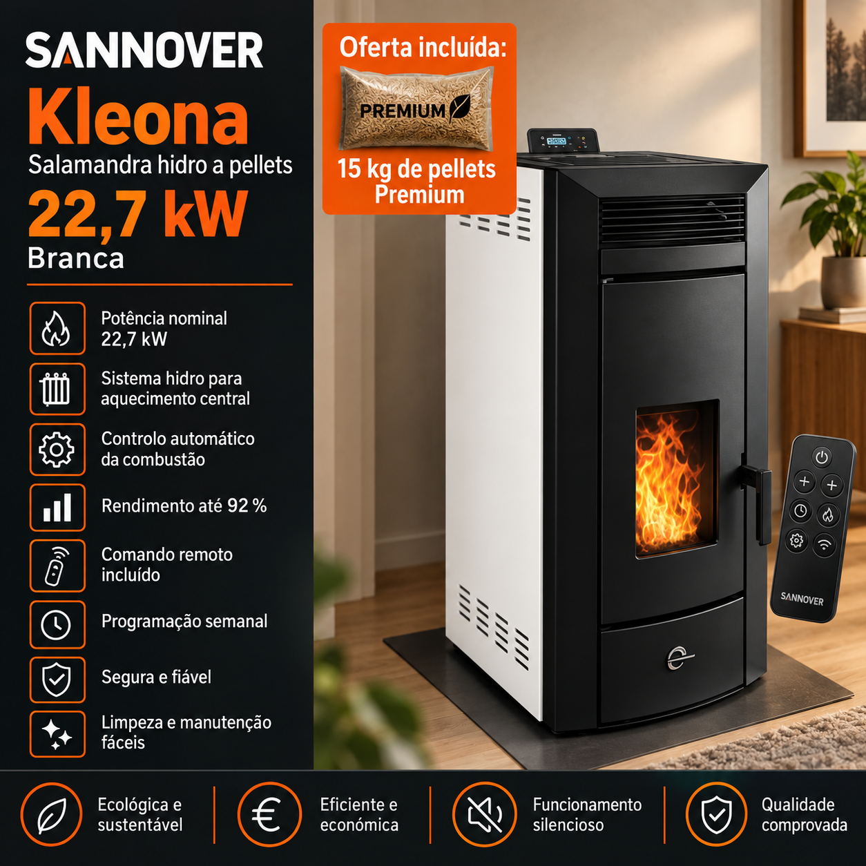 Sannover Kleona salamandra hidro a pellets 22,7 kW branca