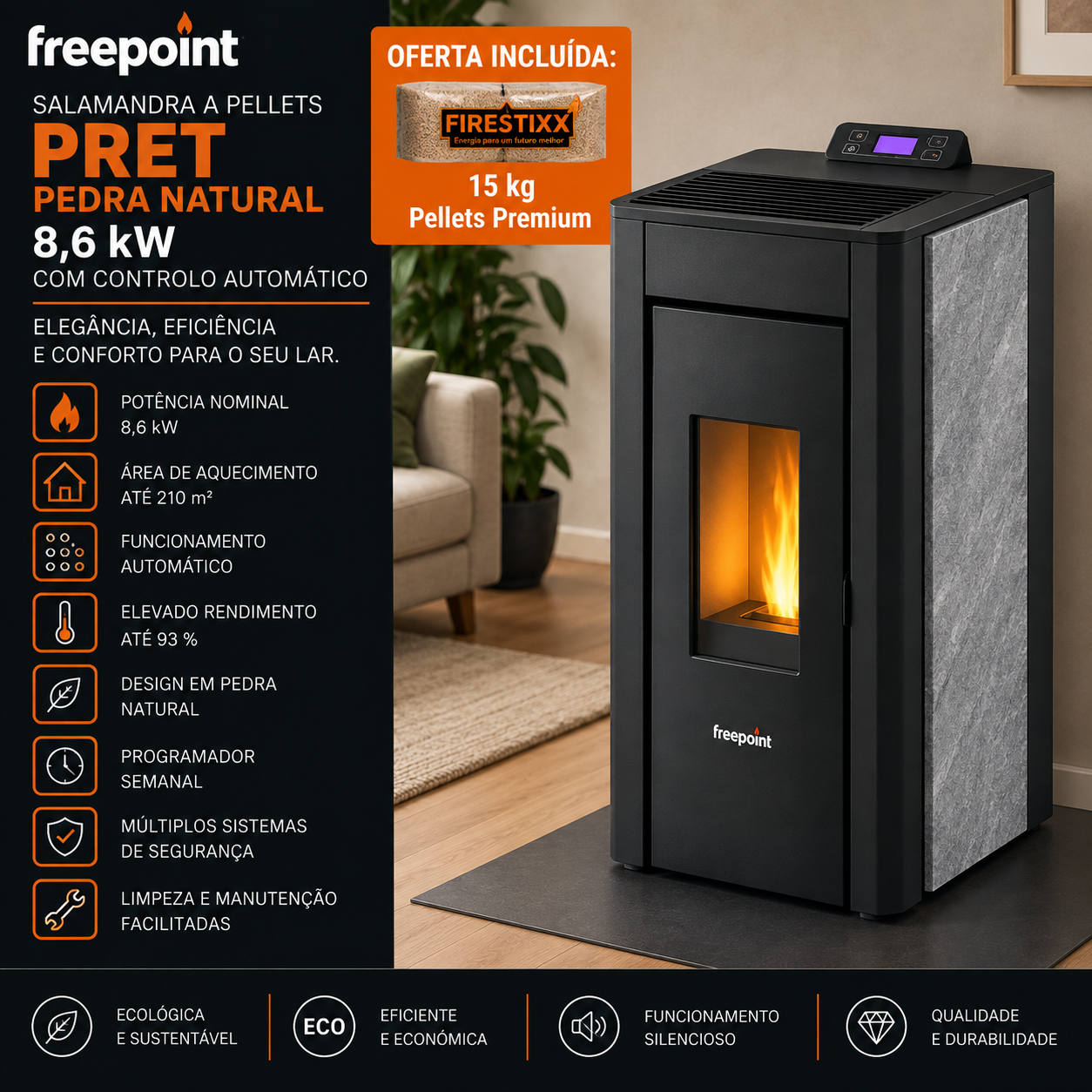 Freepoint Pret salamandra a pellets em pedra natural 8,6 kW com controlo automático