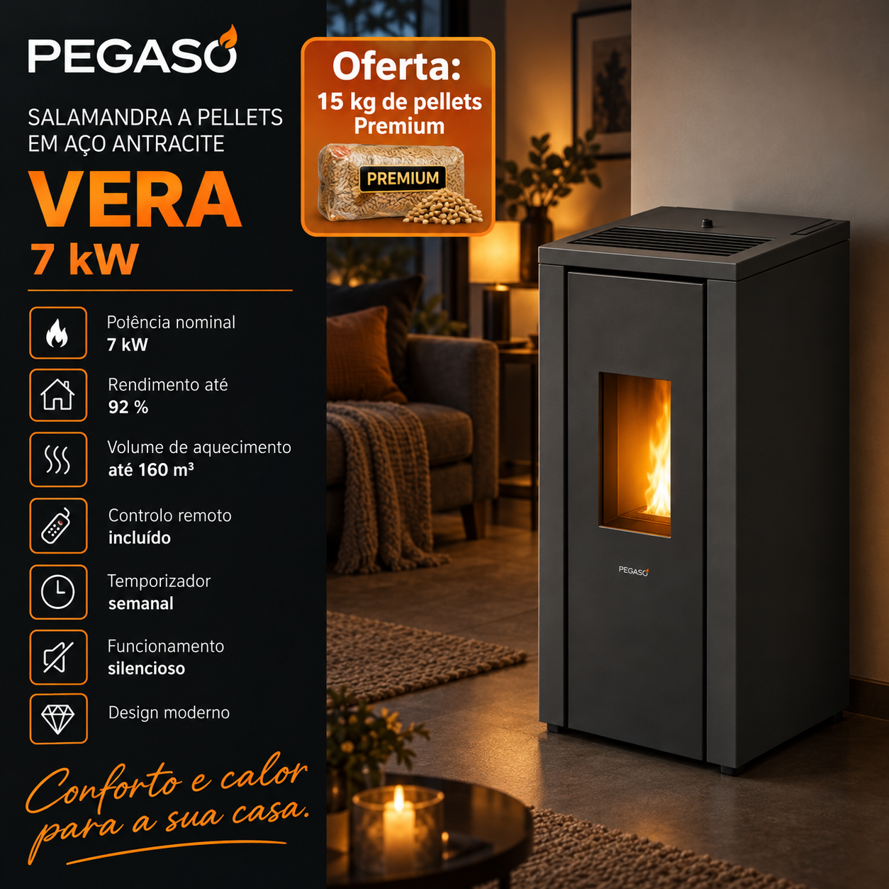 PEGASO Salamandra a pellets Vera em aço antracite 7 kW com controlo automático