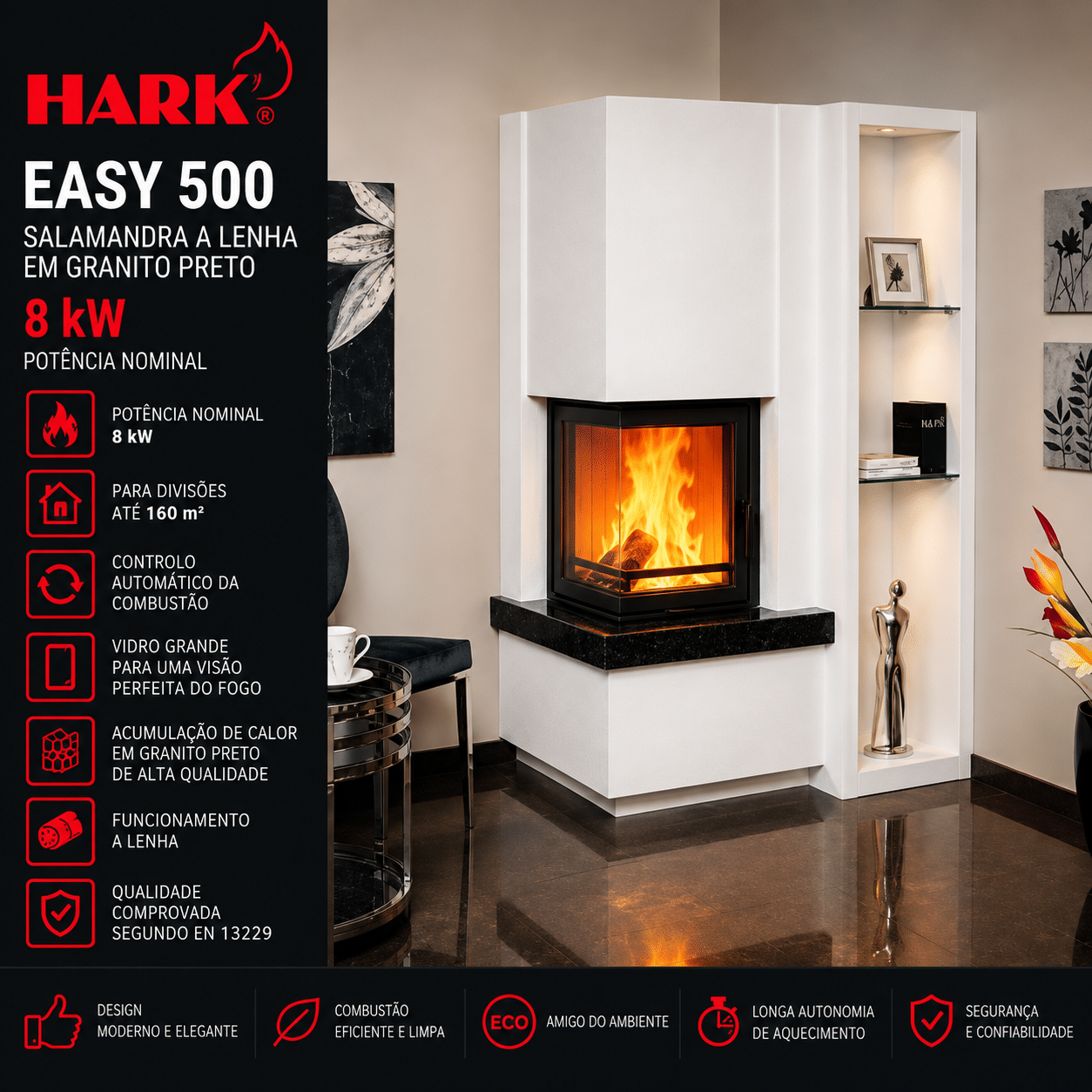Hark Easy 500 salamandra a lenha em granito preto 8 kW com controlo automático