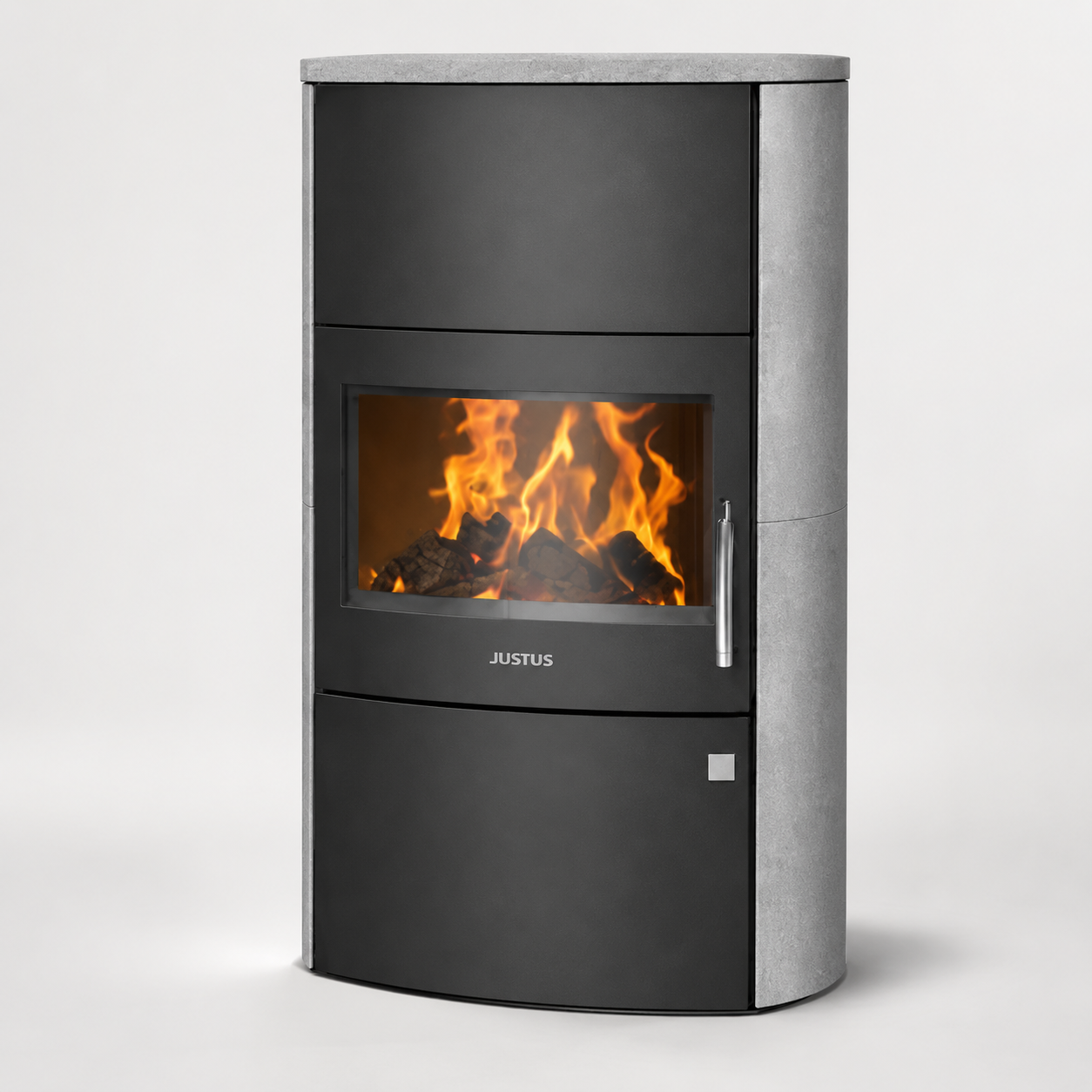 Justus Agero W+ salamandra a lenha preta com pedra-sabão cinzenta 7 kW