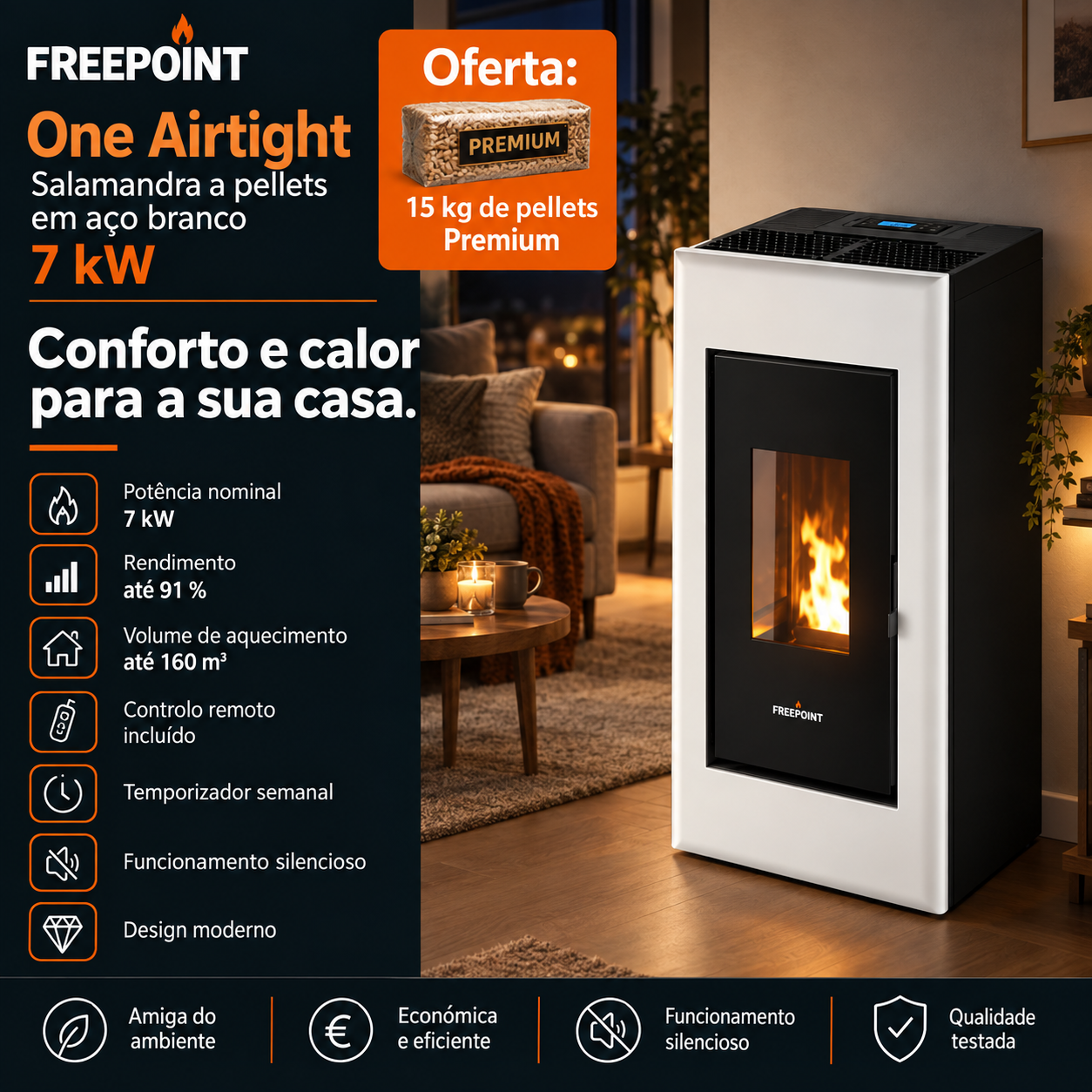 Freepoint One Airtight salamandra a pellets em aço branca 7 kW