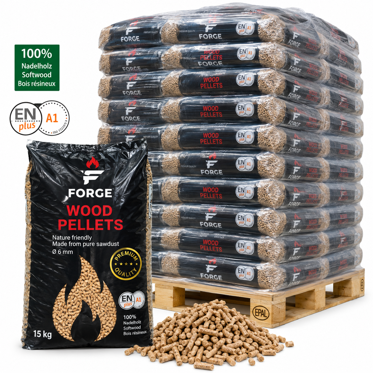 WOODSTOCK pellets de madeira – 70 sacos de 15 kg – palete 1.050 kg – 100 % madeira de coníferas – DINplus