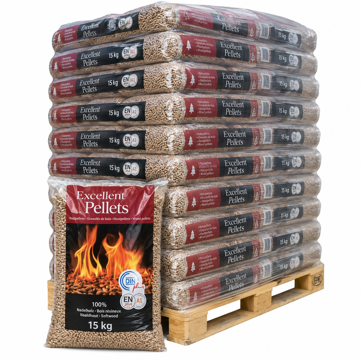 Pellet Excellent pellets de madeira – 65 sacos de 15 kg – palete 975 kg – 100 % madeira de coníferas – ENplus A1 & DINplus