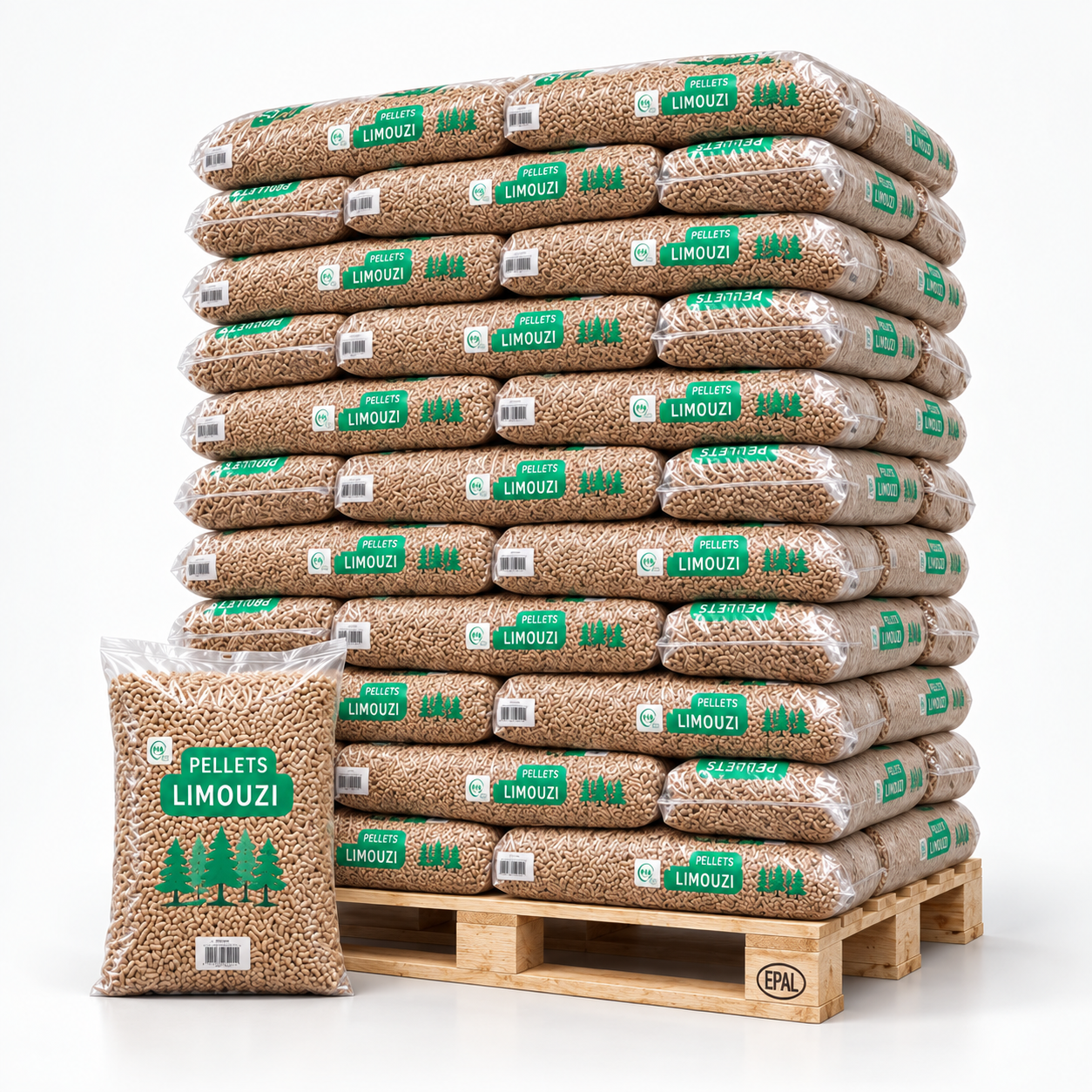 Limouzi pellets de madeira – 66 sacos de 15 kg – palete 990 kg – 100 % madeira de coníferas – DINplus & PEFC
