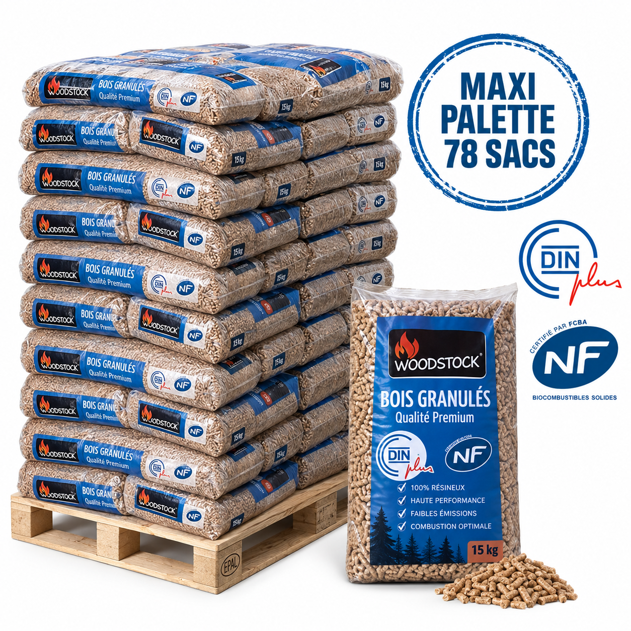 WOODSTOCK pellets de madeira – palete de 78 sacos – 100 % madeira de coníferas – DINplus & NF