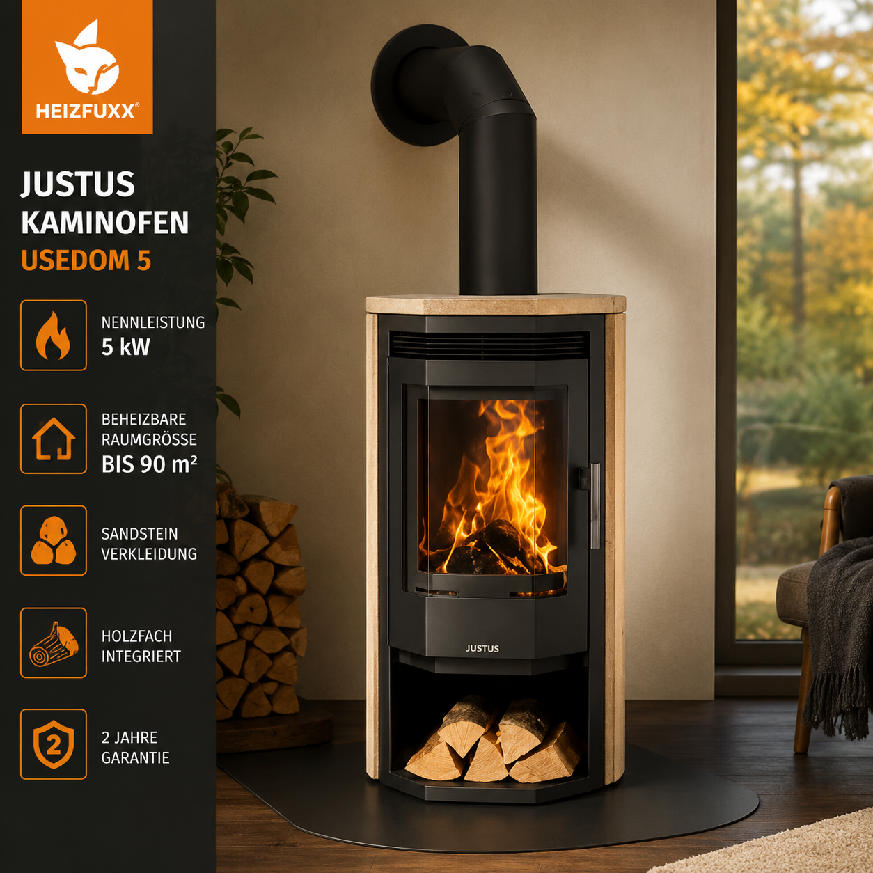 Justus Usedom 5 salamandra a lenha preta 5 kW com revestimento em arenito