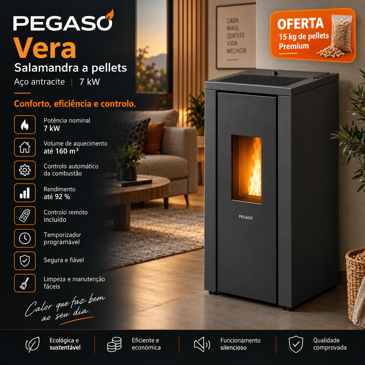 PEGASO Salamandra a pellets Vera em aço antracite 7 kW com controlo automático