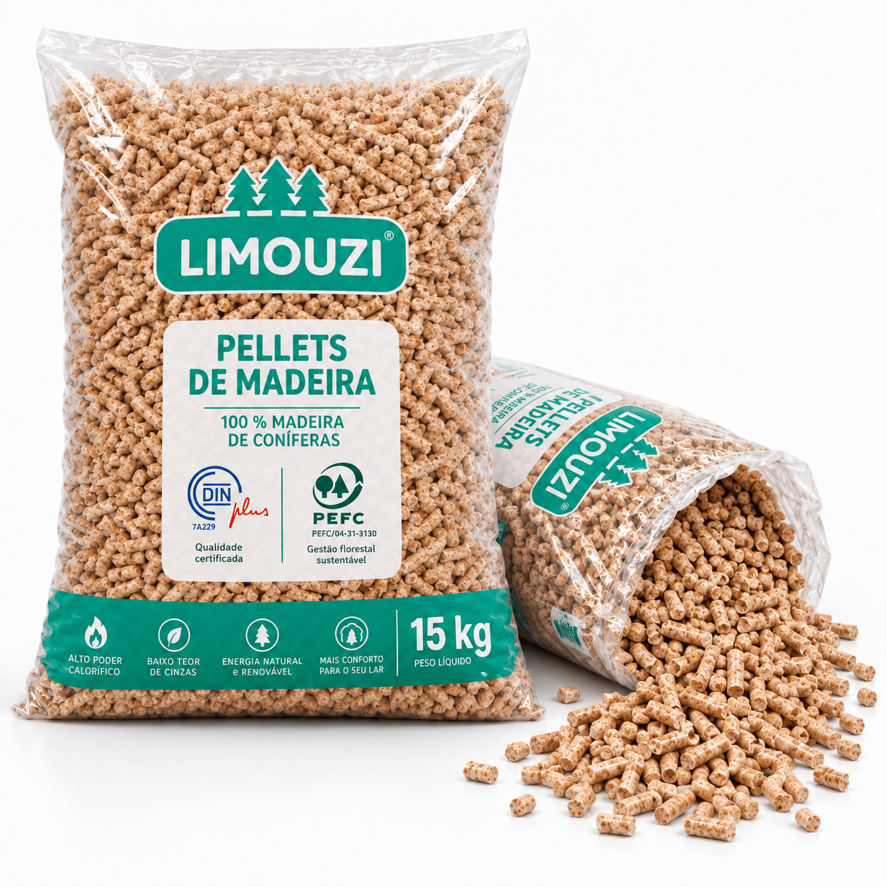 Limouzi pellets de madeira – 66 sacos de 15 kg – palete 990 kg – 100 % madeira de coníferas – DINplus & PEFC